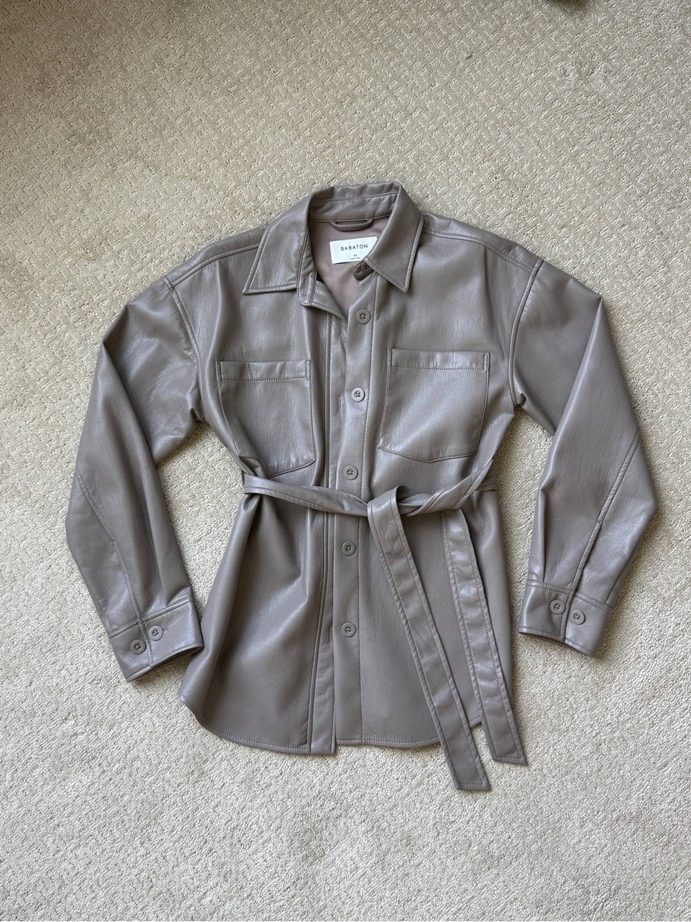 Aritzia Taupe Faux-Leather Belted Jacket